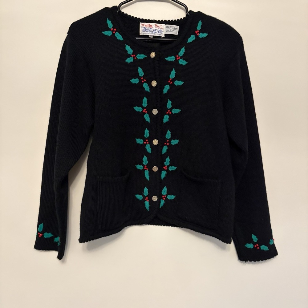 VTG Tally-Ho Cardigan Christmas Black Sweater M Holly Leaves‎ Berries Winter